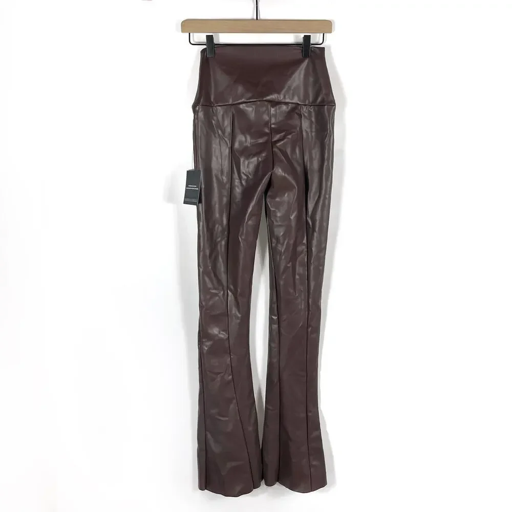 Norma Kamali Spat Legging Faux Leather Pants Chocolate Brown Flare Split Sz XS - Picture 9 of 11